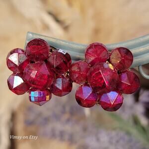 Rapturous Red Vintage Clip on Earrings, Unique Cluster West Germany